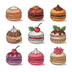 A delightful collection of nine uniquely decorated cartoon macarons with various toppings and fillings.