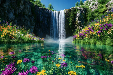 Naklejka premium Lush waterfall cascading into a vibrant floral pool.
