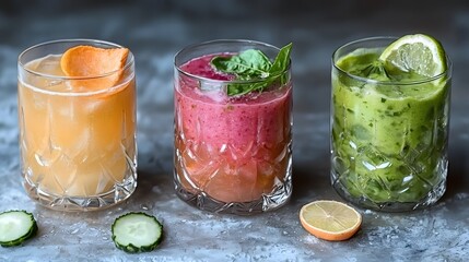 Fototapeta premium Three colorful healthy fruit and vegetable smoothies in glass tumblers on a textured surface with fresh ingredients and citrus slices for refreshment and wellness
