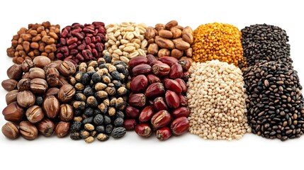 A vibrant collection of various seeds and grains are arranged neatly on a white background showcasing their diverse textures and colors.