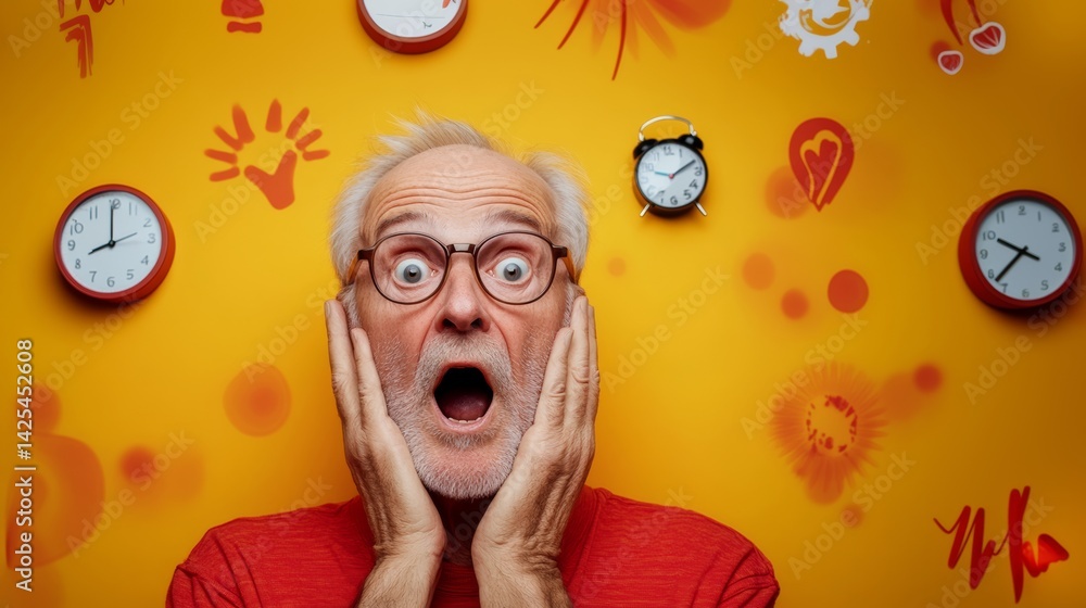 Poster man in a red shirt is screaming in front of a wall with clocks on it. the clocks are all different s