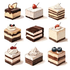 Assorted Slice Cakes Collection Featu Chocolate Cheesecake Vanilla Layered Dessert with Fruit Toppings Elegant Pastry Assortment