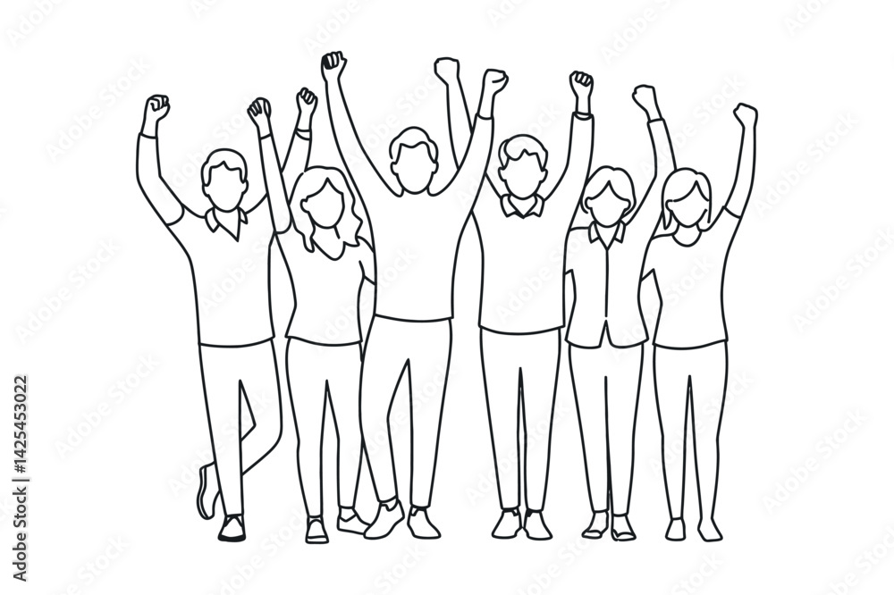 Poster diverse group of people raising arms in unity outline style vector design for microstock platforms i