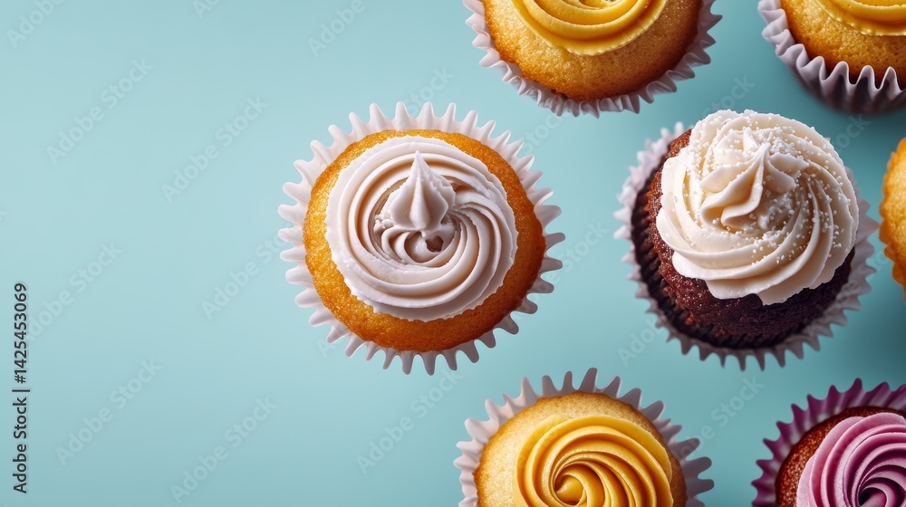 Poster Row of cupcakes with different frosting and sprinkles. The cupcakes are arranged in a way that they look like they are floating in the air