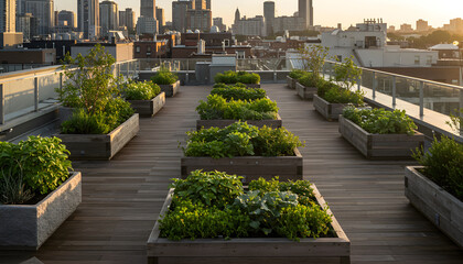 Obraz premium Rooftop garden with wooden planters lush green plants and city skyline under cloudy sky