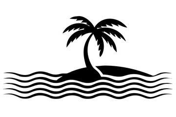 Obraz premium Black and White Beach Illustration with Ocean Waves and Palm Trees for Coastal Decor, Tropical Landscape Art