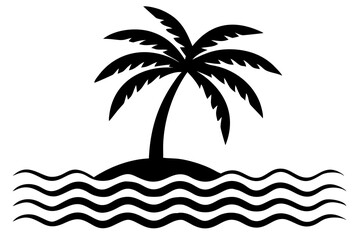 Obraz premium Black and White Beach Illustration with Ocean Waves and Palm Trees for Coastal Decor, Tropical Landscape Art