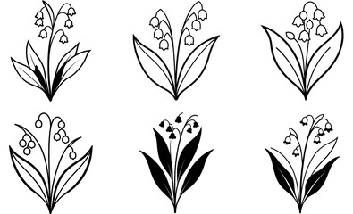 Black Silhouette Lily of the Valley Flower Illustrations, Floral Vector Art