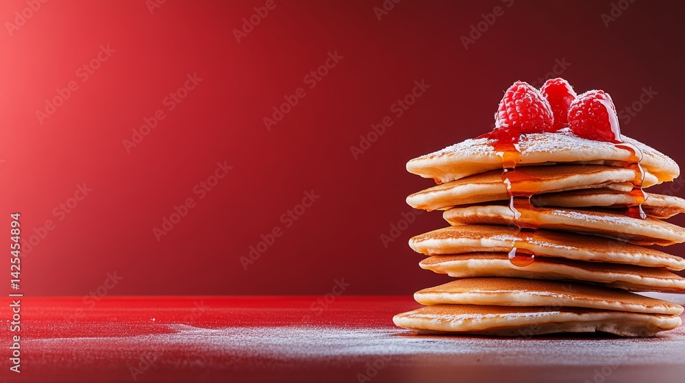 Aufkleber stack of pancakes with a raspberry topping. the pancakes are piled high and the raspberries are scat