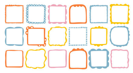 Doodle wave curve edge frame. Hand drawn wavy rectangle borders. Doodle brush drawn square and circle picture frame. Vector illustration isolated on white background.