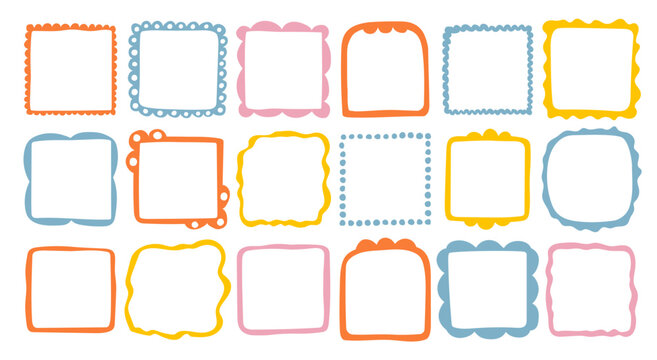 Doodle wave curve edge frame. Hand drawn wavy rectangle borders. Doodle brush drawn square and circle picture frame. Vector illustration isolated on white background.