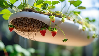Underside view of a hanging strawberry planter showcasing ripe fruit and visible roots emerging through bottom holes. Great for sustainable agriculture and gardening tutorials