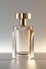 A single high-quality, elegant perfume bottle with a minimalist and luxurious design, made of crystal-clear glass with soft reflections and highlights