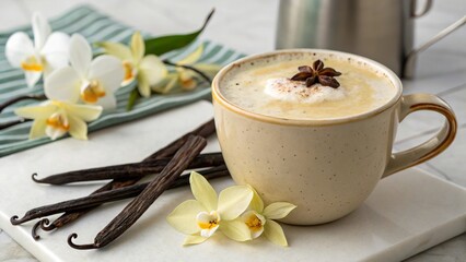 Delightful vanilla latte garnished with vanilla beans and fresh orchids creates a serene cafe experience