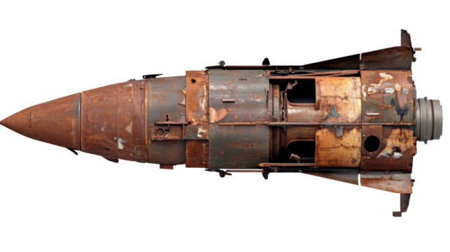 Rusty Vintage Retrorocket Structure on Isolated Background Showcasing Industrial Craftsmanship