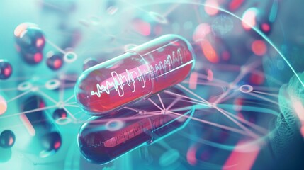 Glowing pill capsule on reflective surface surrounded by medical symbols,representing pharmaceutical innovation and drug reward concept in healthcare industry.