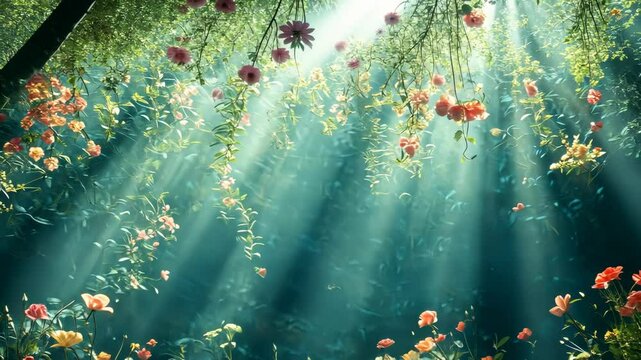 Sunlight streams through vibrant flowers in tranquil forest garden scene