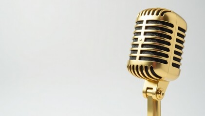 Fototapeta premium Close-up shot of a gold microphone on white background, clean, bling