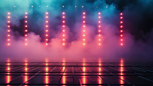 Vibrant stage performance with colorful lights and fog creates energetic atmosphere, while reflections on floor enhance dramatic event experience.