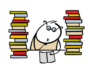 Bookworm sits at a table in a library among a mountain of books. Vector illustration of a smart student reading a textbook, preparing for exams. Cartoon character isolated on white background.