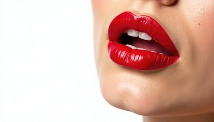 Obraz premium Close-up vibrant red lipstick, pristine white backdrop, lip balm, lips, lip