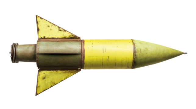 Vintage Metallic Rocket Object with Yellow and Green Colors on a Transparent Background