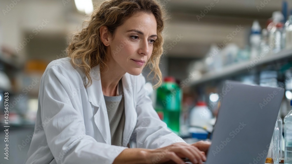 Aufkleber in a bustling laboratory setting, a woman in a lab coat concentrates on the screen of her laptop, im
