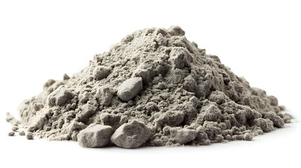 A close-up studio shot shows a pile of gray construction material resembling cement or fine gravel against a bright white background.