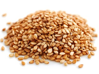 Fototapeta premium A close-up shot showcases a heap of unprocessed, light brown sesame seeds against a stark white background.