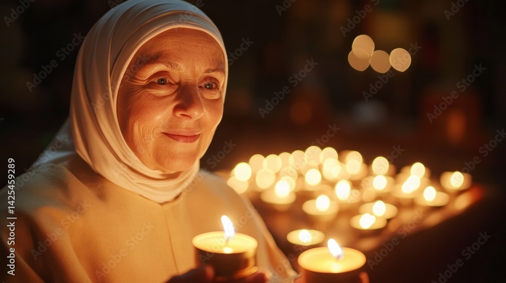 Poster in a serene chapel filled with warm candlelight, a nun with a gentle smile illuminates a candle, sym