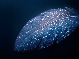 Blue feather with water droplets, glowing light effect, dark background, delicate and ethereal look, macro photography style