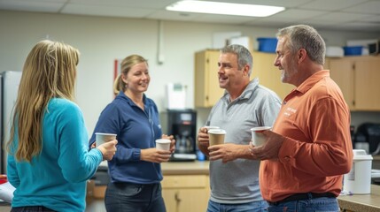 A team of workers in a break room having a quick coffee break, with coffee mugs in hand and casual conversation.