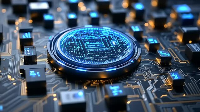 Advanced circuit board with glowing circular interface