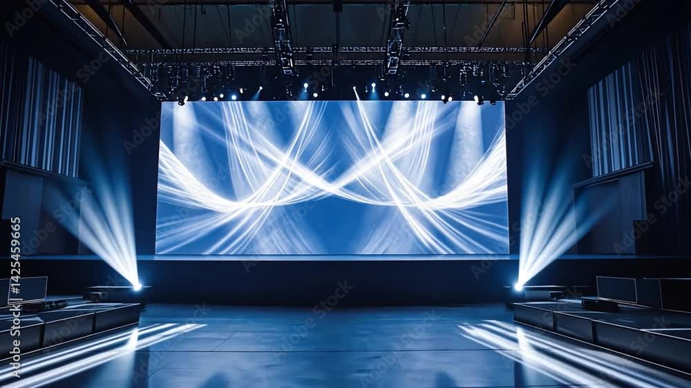 Poster modern stage design with dynamic lighting and abstract screen for engaging performances and events i
