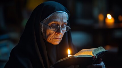 In a dimly lit sanctuary, a contemplative nun pours over scripture beside flickering candles. The warmth of the candlelight highlights her focus and devotion to the sacred text