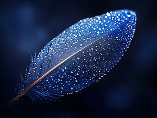 Blue feather with water droplets, glowing light effect, dark background, delicate and ethereal look, macro photography style