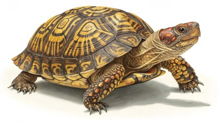 Ornate Turtle Side View with Intricate Shell on White Background