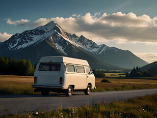 A RV camper van with snow covered mountains