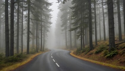 Naklejka premium Serene Forest Road Winding Through Misty Pine Trees on an Overcast Day