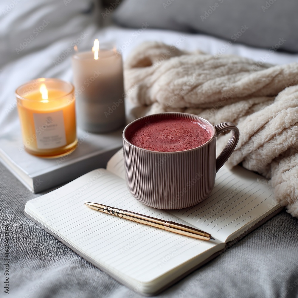 Poster nestled in a cozy bed, a steaming mug of vibrant smoothie rests atop an open journal. soft candles f