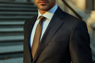Fototapeta premium Generative AI portrait of a confident businessman in a stylish suit standing in a modern cityscape with urban skyscrapers