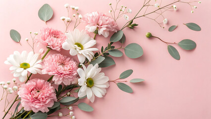 Delicate Floral Flat Lay with Pink Carnations and Eucalyptus Leaves