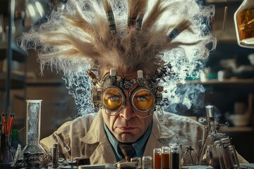 Eccentric scientist with wild hair and goggles surrounded by laboratory equipment