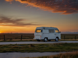Obraz premium A RV camper van in the grasslands with the sunset