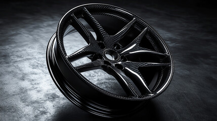Premium carbon fiber wheel rim with a lightweight racing design, detailed texture, and dark theme. Professional product shot for car enthusiasts and high-performance upgrades