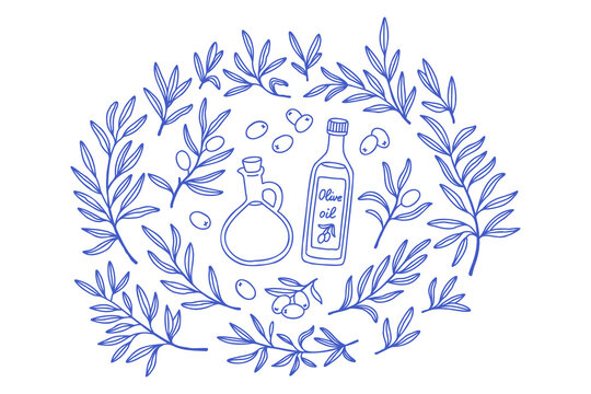 recommend clip art: Simple olive branch oil set in line art mediterranean blue. Olive hand drawn vector sketch set in doodle style isolated on white background. Olive line art set of branch, glass bottle of oil