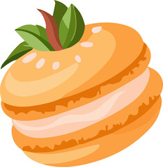 An orange macaron with a creamy filling and a fresh green leaf topping, presented in a delightful cartoon style.