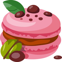 A charming pink macaron with a rich brown filling and chocolate dot and leaf decorations, in a cute cartoon style.