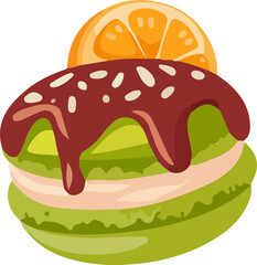A light green macaron with a reddish-brown filling, topped with a vibrant orange slice and a green leaf, in a cute cartoon style.

