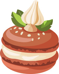 A charming brown macaron with a creamy filling and a unique white swirl and green leaf topping, in a cute cartoon style.
